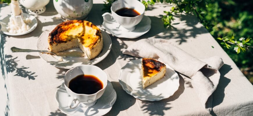 Outdoor,Summer,Breakfast,With,Cheesecake,And,Coffee.,Aesthetic,Breakfast,With